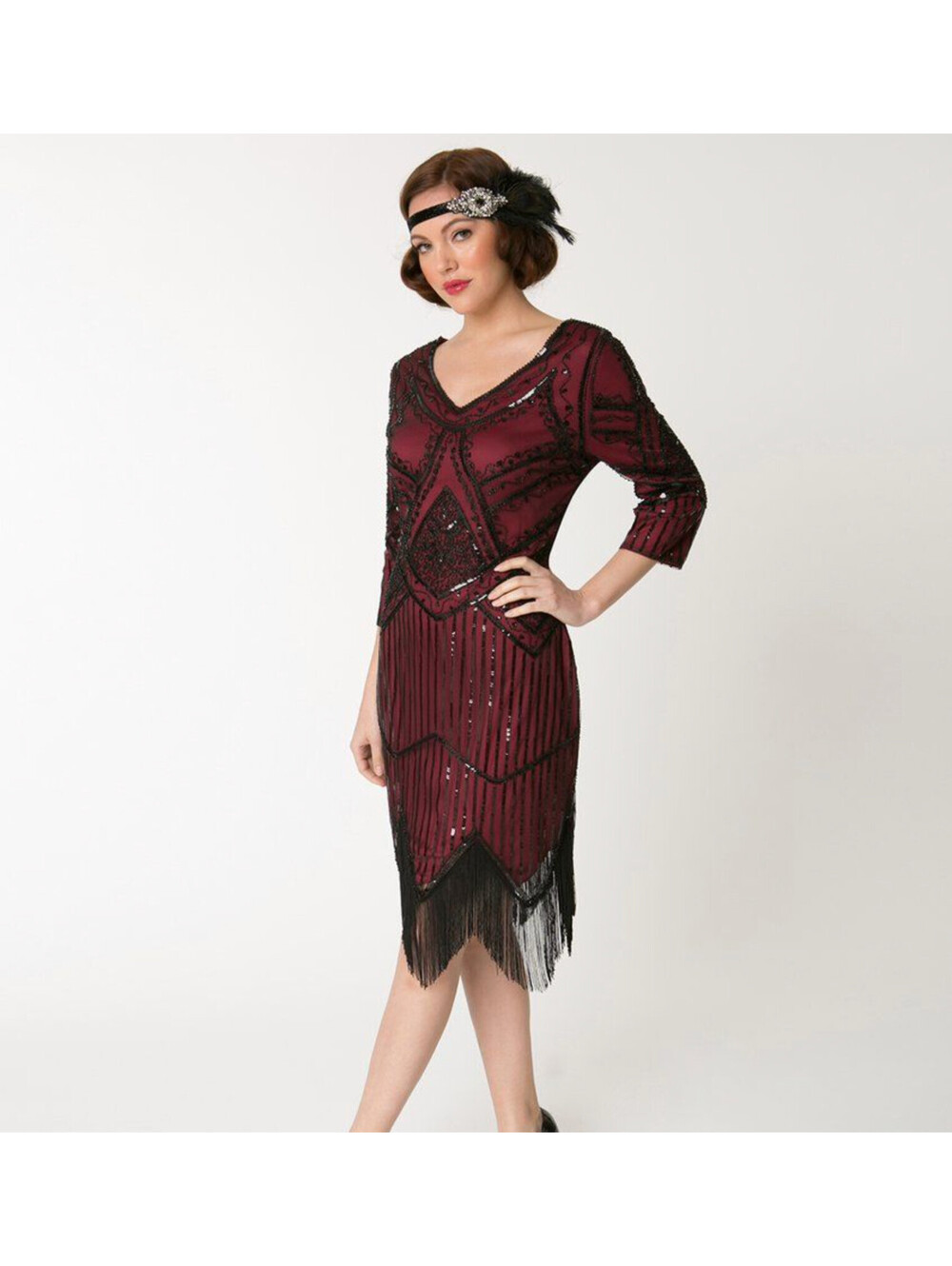 Unique Vintage Flapper Dress XXL Burgundy Black Beaded Fringe Gatsby Art Deco